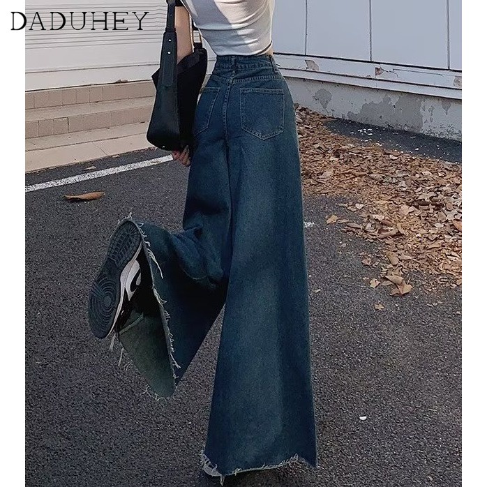 DaDuHey New Korean Version of Ins Retro Raw Edge Jeans High Waist Loose Wide Leg Pants Large Size Trousers