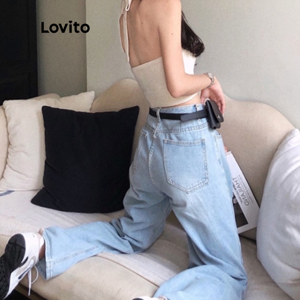 Áo dây Lovito không tay dệt kim thắt nơ lưng màu trơn thường ngày cho nữ LNE06020 (màu trắng/ xanh dương)