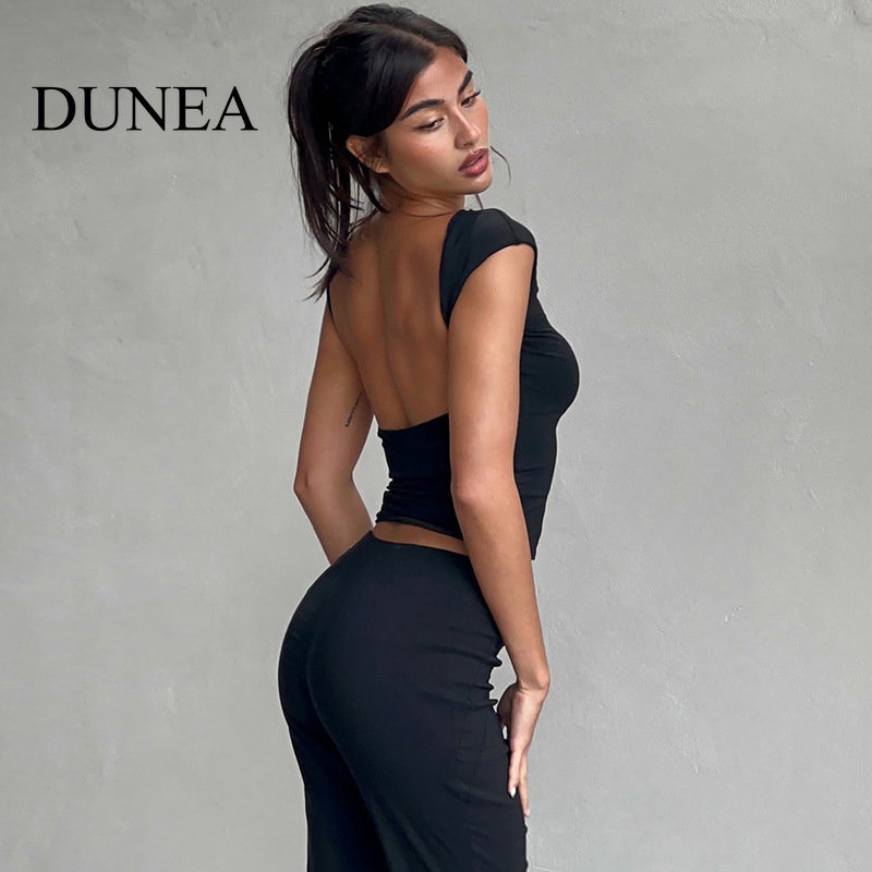 DUNEA Bộ 2 Món Áo Croptop + Áo Thun Dáng Ôm Thời Trang Xinh Xắn Cho Nữ