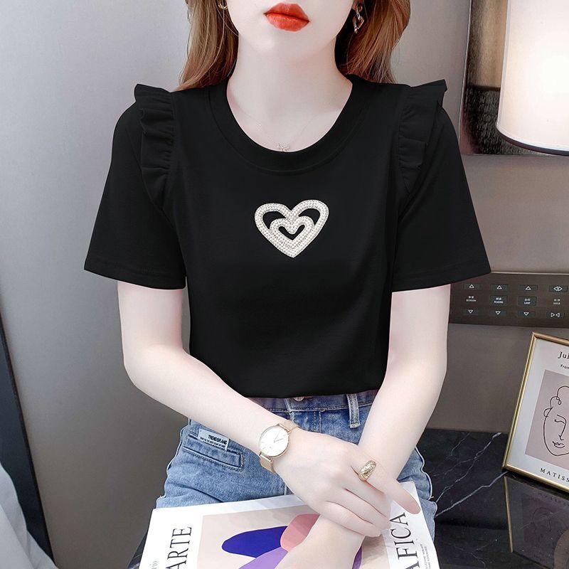 Áo Thun Ngắn Tay Phối Bèo Đính Đá Thời Trang Mùa Hè Mới 2023 Cg90 Cho Nữ