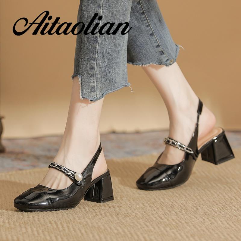 Xăng đan Cao Gót 5cm Bằng Da Bóng Mũi Tròn Đế Mềm Màu Trơn Cho Nữ mary jane