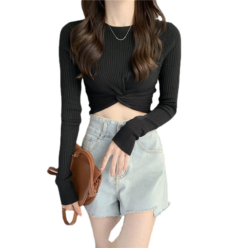 CheeseBunny Áo Dệt Kim Tay Dài Thiết Kế Đan Chéo Ngực Quyến Rũ