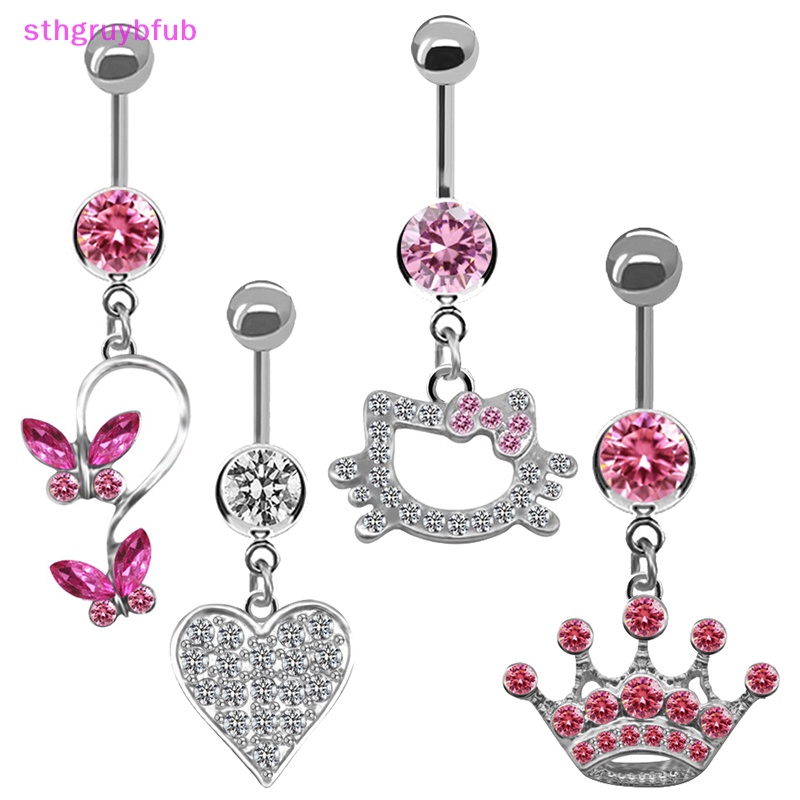 Khuyên Rốn Bằng Thép Không Gỉ Hình Mèo Và Bướm Hồng Dễ Thương