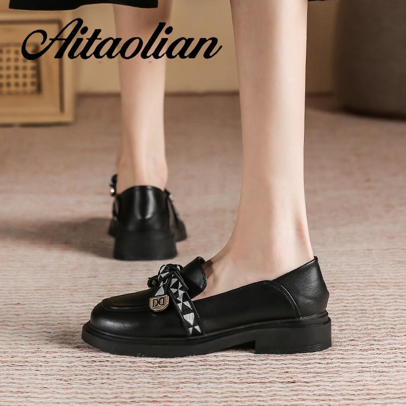 Giày Lười Da Đế Bằng 3cm Đính Nơ Phong Cách Anh Quốc Thời Trang