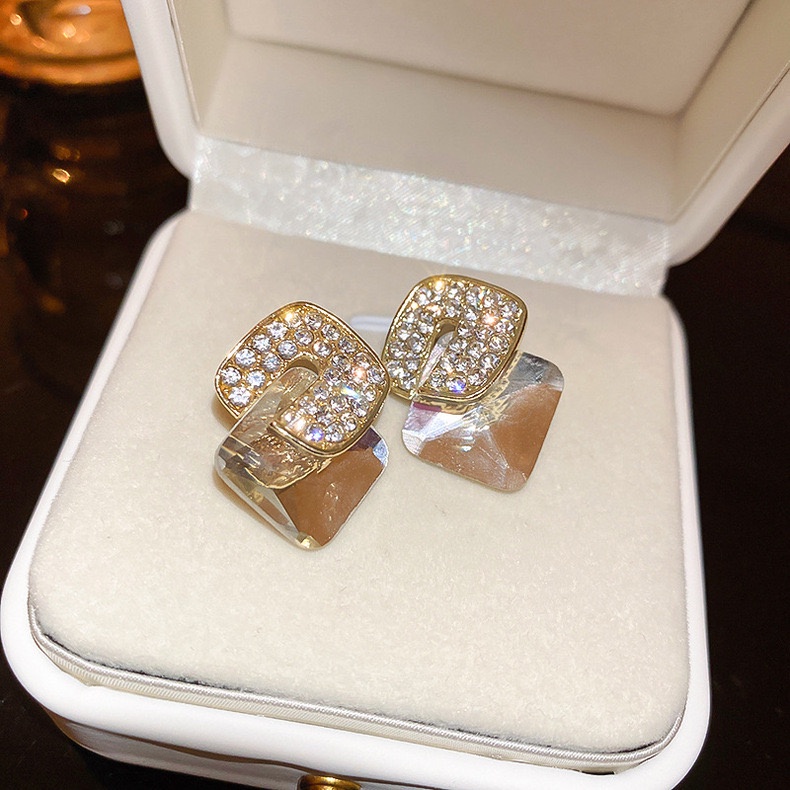 Bông Tai Mạ Bạc 925 Hình Học Đính Kim Sa Lấp Lánh Phong Cách Hàn Quốc Dễ Phối Đồ