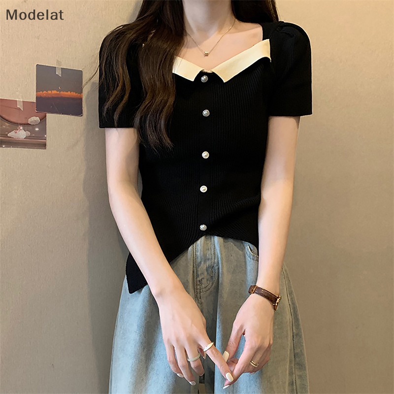 Mfc Áo Thun Dệt Kim Tay Ngắn Phồng Cổ Vuông Dáng Ôm Xẻ Tà Cài Nút Thời Trang