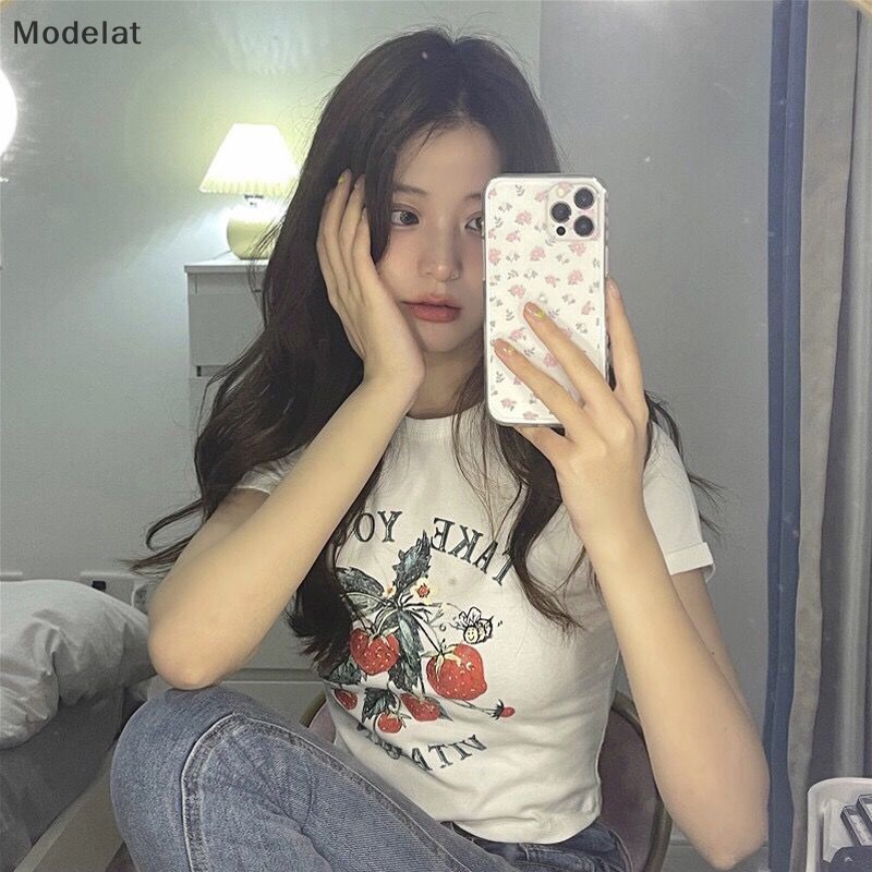 Áo Thun Crop Top Tay Ngắn Cổ Tròn In Họa Tiết Dâu Tây Thời Trang Mùa Hè Xinh Xắn Cho Nữ