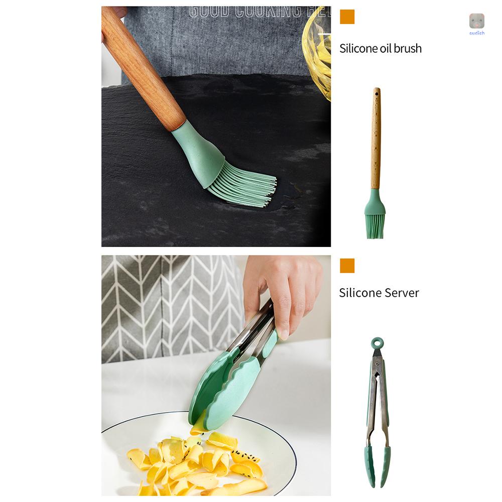 Bộ 12 Dụng Cụ Nấu Ăn Bằng Silicone Cán Gỗ Cách Nhiệt Chống Dính