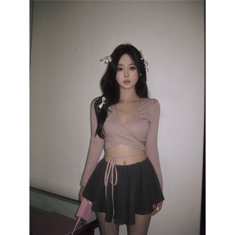 [F &amp; X] Bộ Đồ Múa Ba Lê Hai Mảnh Buộc Dây Ôm Dáng Phong Cách Hàn Quốc Thiết Kế Retro Độc Đáo Cho Nữ