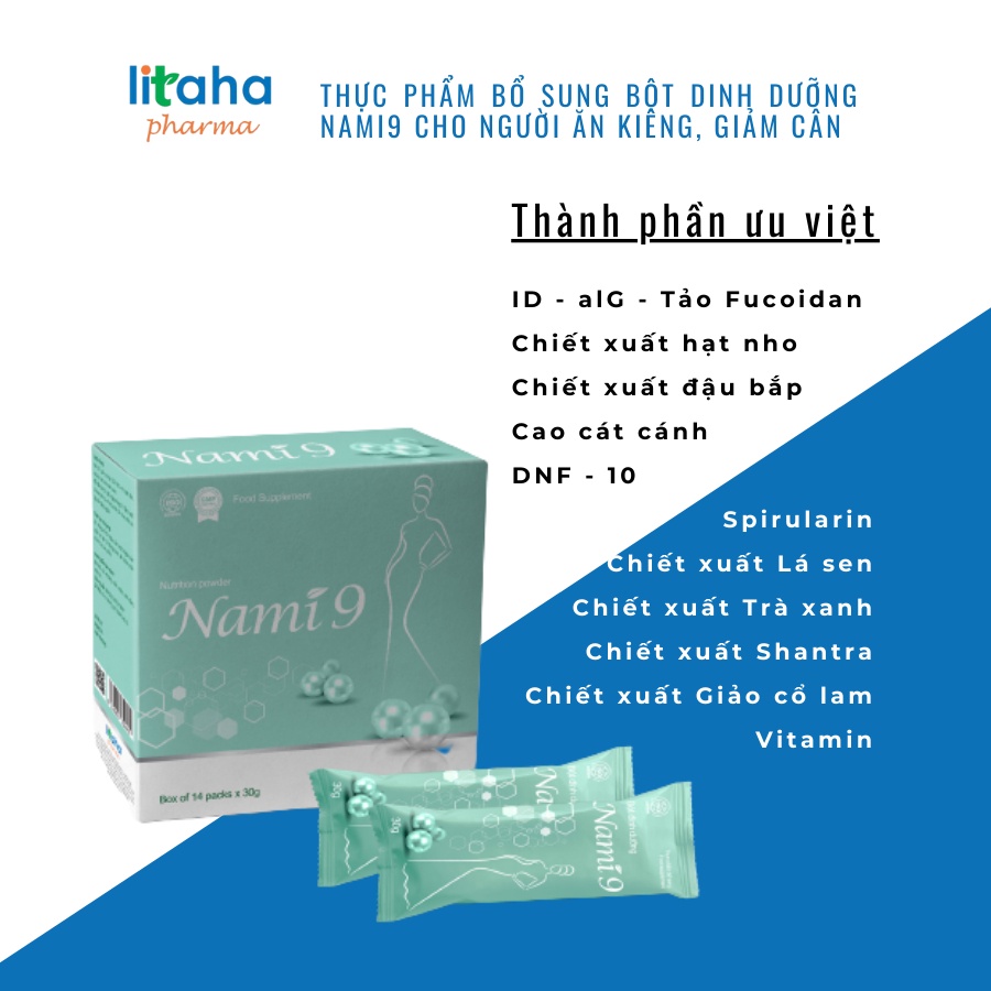 Bột dinh dưỡng giảm cân từ tảo nâu fucoidan Nhật Bản Nami9 Women &amp; Men Litaha Pharma liệu trình 1 tháng