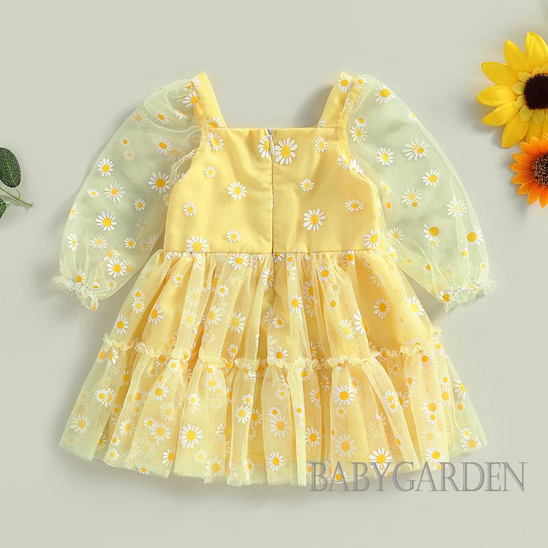 Đầm Công Chúa Dáng Chữ A Tay Dài Phối Lưới In Họa Tiết Hoa Cúc Xinh Xắn Thời Trang Cho Bé Gái 3 Tháng-3 Tuổi