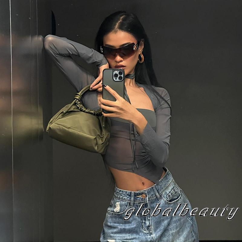 Áo Crop Top Tay Dài Cổ Vuông Phối Lưới Màu Sắc Thời Trang Dành Cho Nữ