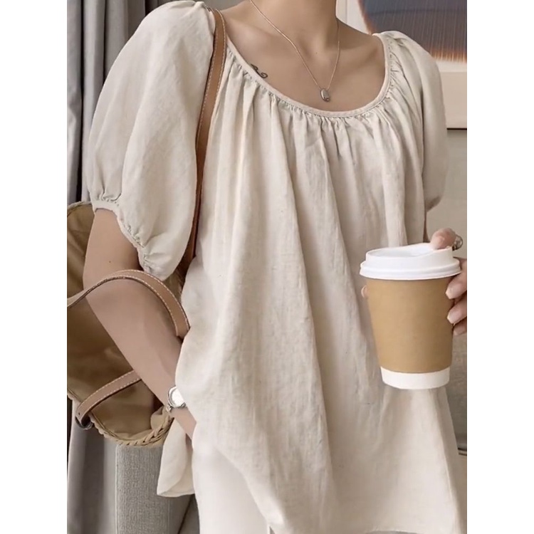 Áo Thun Cotton Lanh Mỏng Tay Ngắn Cổ Một Hàng Nút Dáng Rộng Thời Trang Mùa Hè 2023 Mới Cho Nữ