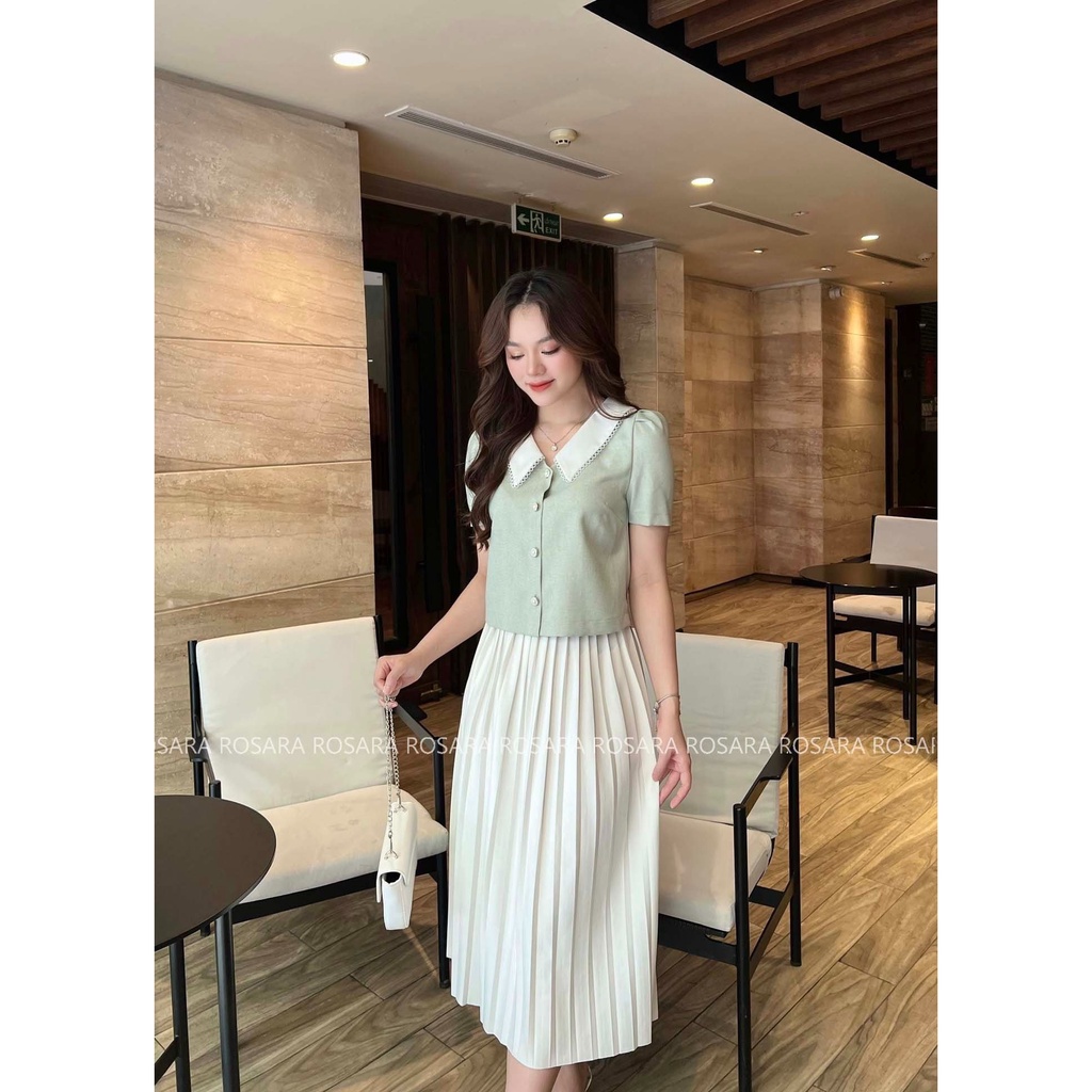 Áo Sơ Mi Xanh Cộc Tay Cổ Bẻ Viên Ren Thời Trang Nữ Rosara SM118