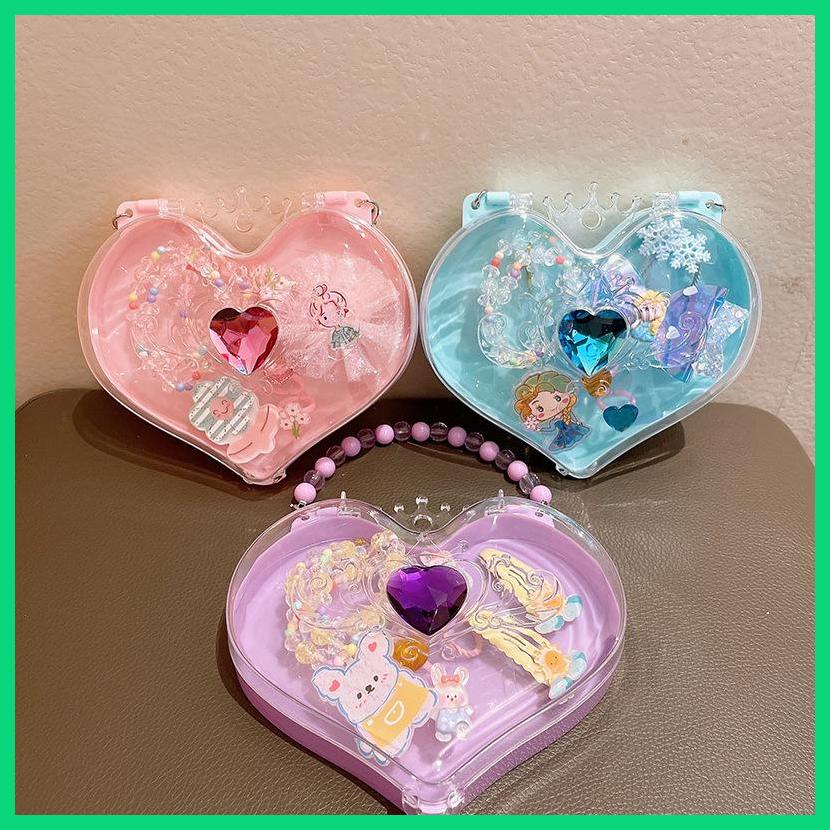 Bộ Vòng cổ + Túi Xách + Vòng cổ + Kẹp Tóc Đính Đá Quý Hình Trái Tim Hoạt Hình Tinh Tế Cho Trẻ Em