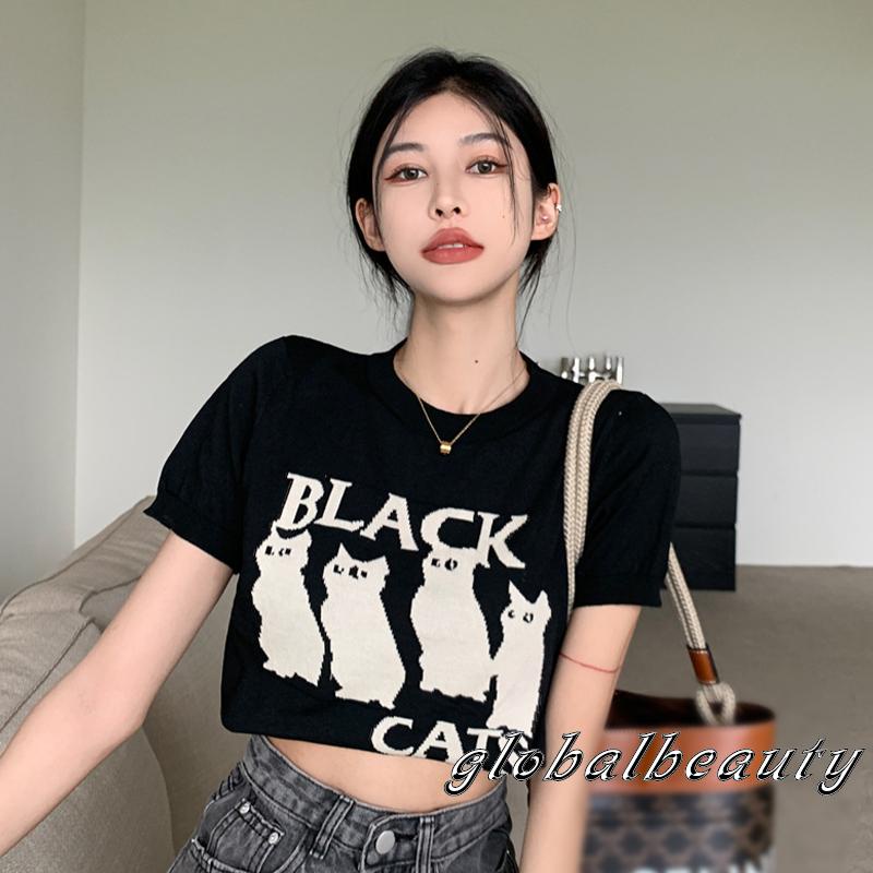 Áo Thun Tay Ngắn Cổ Tròn In Hình Mèo Thời Trang Dành Cho Nữ