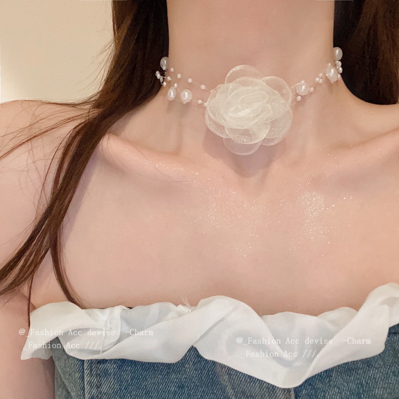 Vòng Cổ Choker Ren Hoa 17KM Nhiều Lớp Đính Ngọc Trai Thanh Lịch Dành Cho Nữ