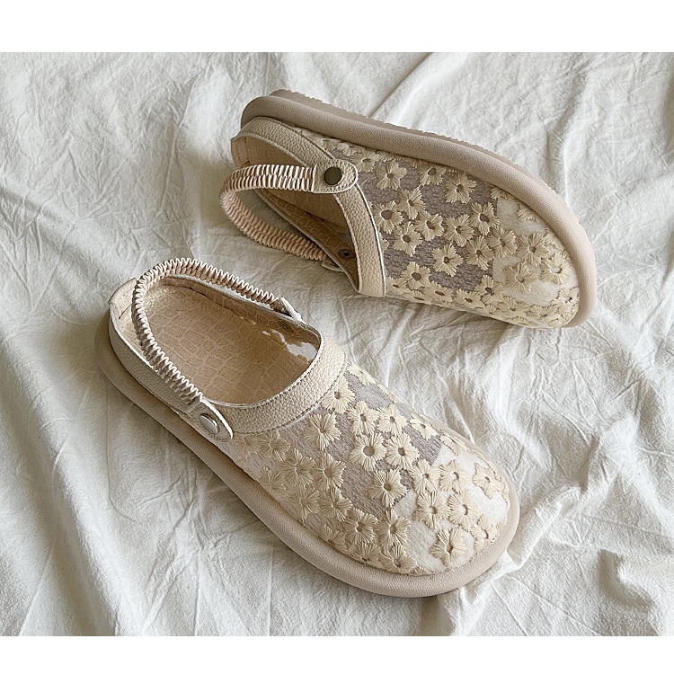 Duoya Tóc Thẳng ~ [Hàng Có Sẵn] Giày Sandal Bít Mũi Đế Mềm Thoáng Khí Phối Ren Rỗng Đơn Giản Dễ Phối Đồ Hàng Miễn Phí Cho Nữ