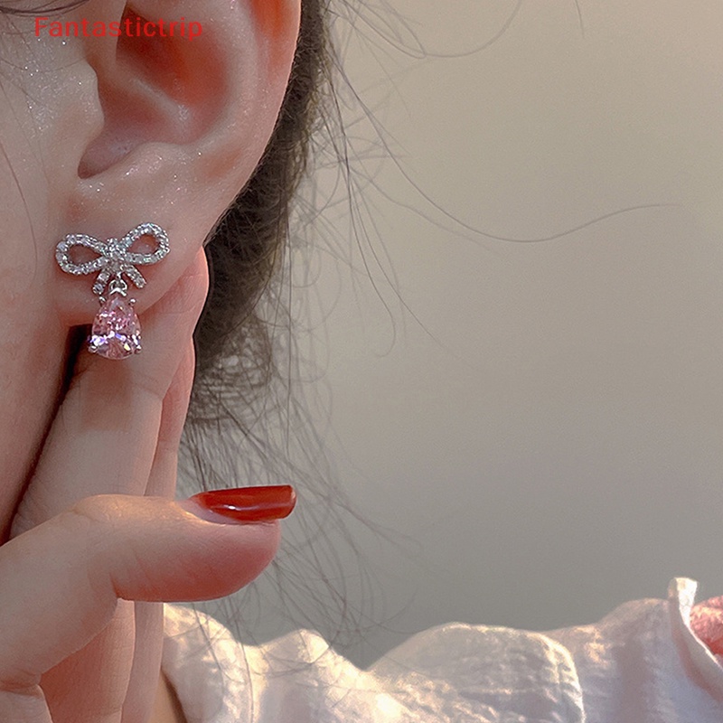 Set 1 / 2 Đôi Khuyên Tai Đính Đá Zircon Hồng Hình Giọt Nước Thanh Lịch Cho Nữ Mới