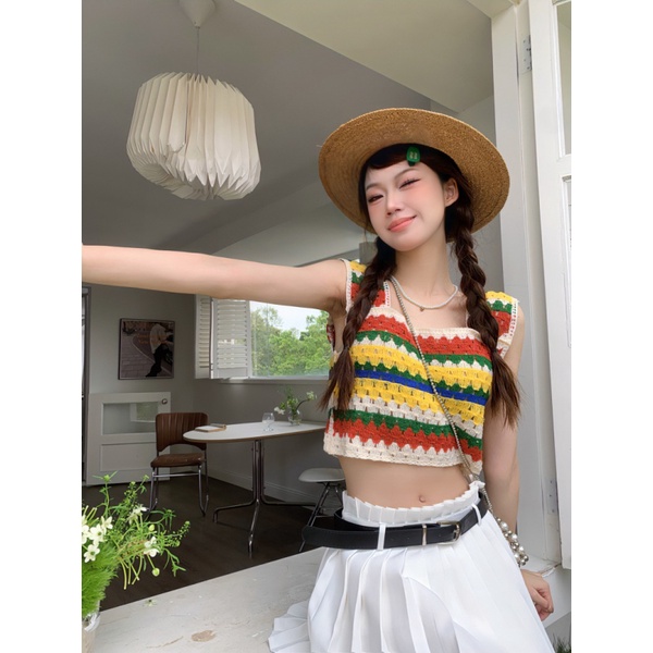 NZN Áo Croptop Hai Dây Họa Tiết Kẻ Sọc Màu Tương Phản Thời Trang Mùa Hè