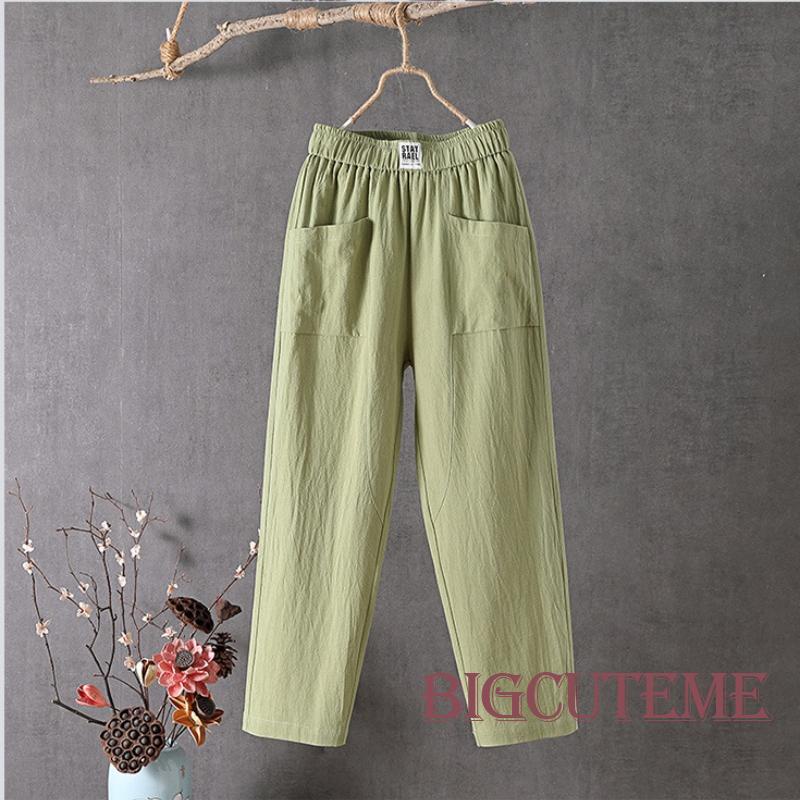 [] Quần Dài Đến Mắt Cá Chân Ống Rộng Vải Lanh Cotton Màu Trơn Lưng Thun Có Túi Dành Cho Nữ