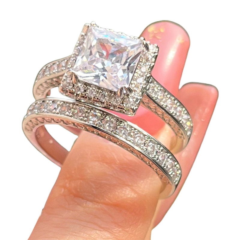 Bộ Nhẫn Đính Hôn Đính Đá Zircon Hình Vuông Phong Cách Công Chúa Sang Trọng Dành Cho Nữ
