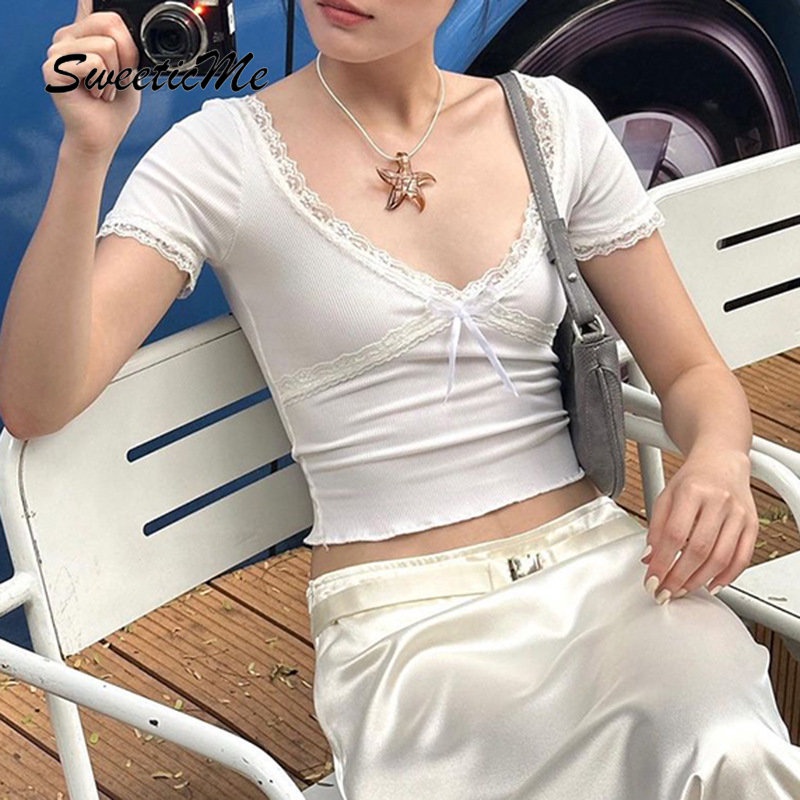 Áo Thun Tay Ngắn Cổ Chữ V Màu Trơn Phối Ren Thời Trang 2023 Cho Nữ