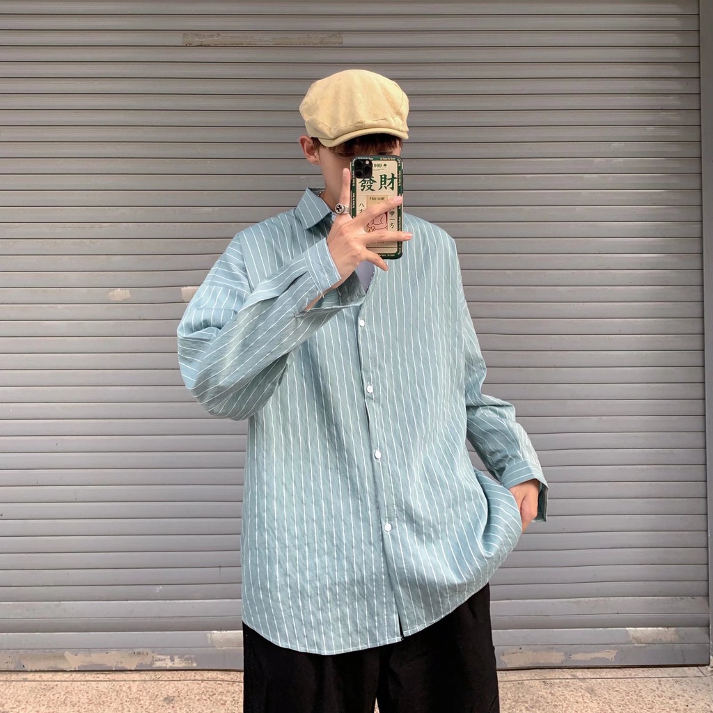 Áo Sơ Mi Nam Dài Tay Dáng Rộng Họa Tiết Kẻ Sọc Phong Cách Hong Kong Nhật Bản Thời Trang Mùa Hè