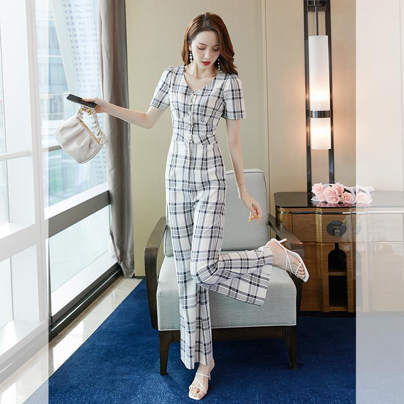 Wide leg pants suit women's summer new elegant high waist pants Hong Kong style retro professional plaid jumpsuit