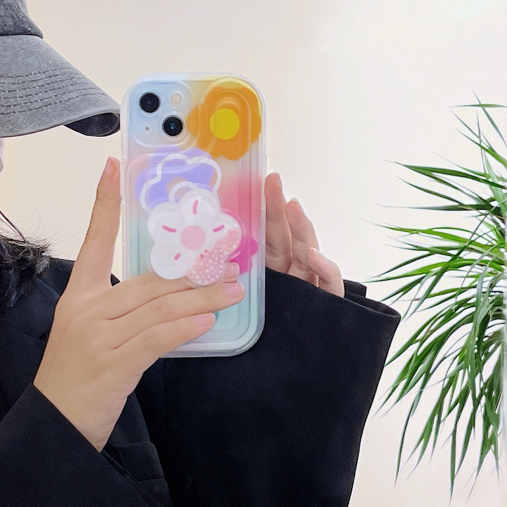 Ốp Điện Thoại TPU Dẻo Trong Suốt Họa Tiết Hoa &amp; Cầu Vồng Kèm Giá Đỡ Chống Rơi Cho iPhone 14 Plus 13 12 11 Pro Max