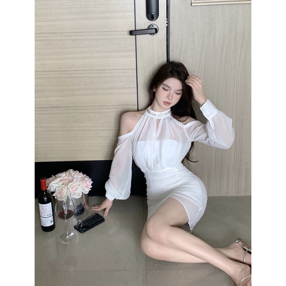 Đầm Chiffon Trắng Dài Tay Mềm Mại Phong Cách Mùa Thu Cho Nữ