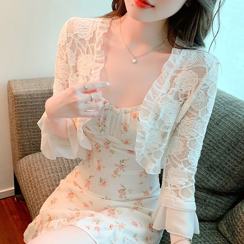 Phụ Nữ Hàn Quốc Trắng Đen Ngắn / Dài Tay Ren Bolero filipiniana Áo Khoác Áo cardigan blazer Áo Cho N