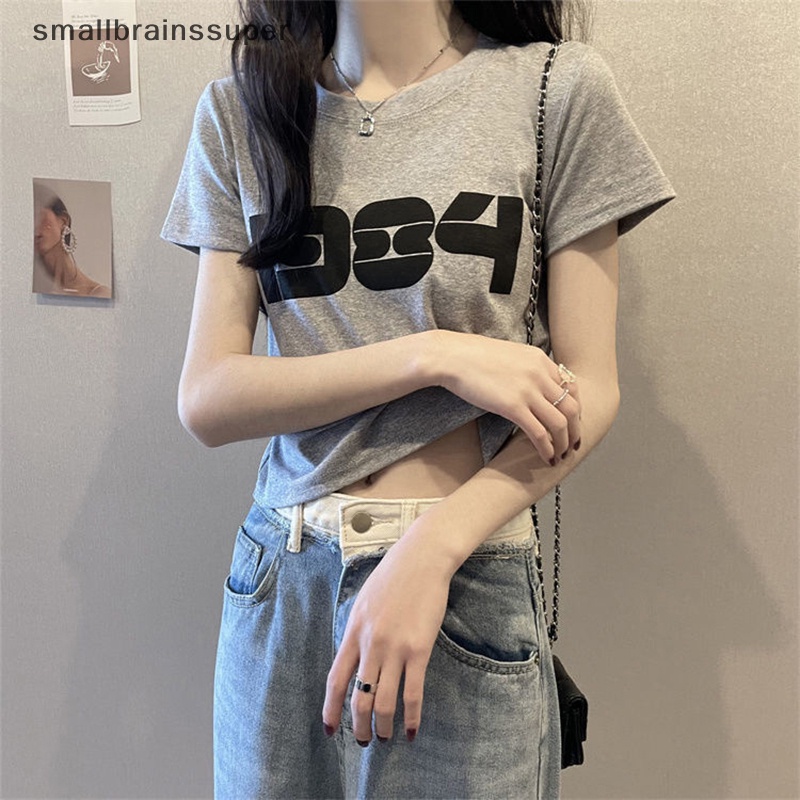 Áo Thun Crop Top Tay Ngắn Cổ Tròn In Chữ Số Thời Trang Mùa Hè Cho Nữ