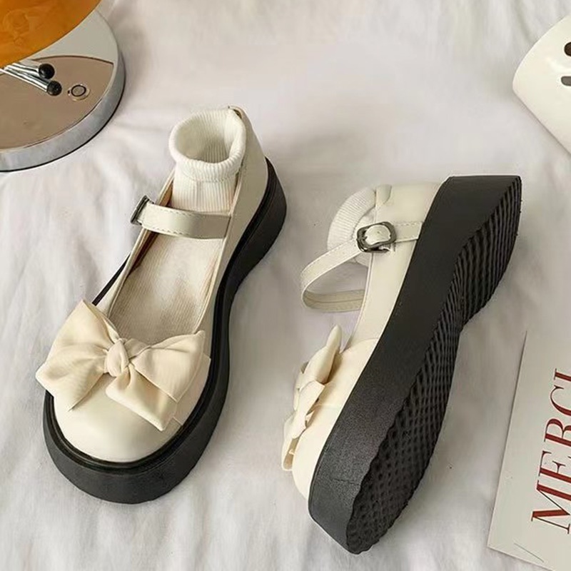 Ielgy mary Jane Giày Lười Đế Dày Mũi Tròn Đính Nơ Phong Cách Nhật Bản Cho Nữ