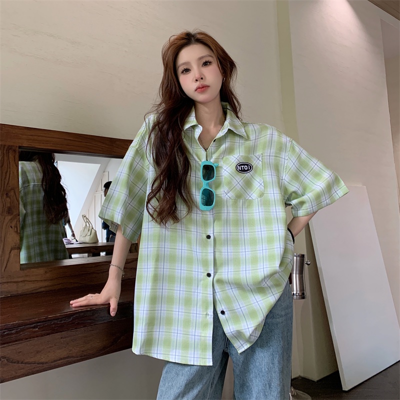 Áo Sơ Mi Tay Ngắn Dáng Rộng Họa Tiết Kẻ Sọc Màu Tương Phản Thời Trang Mùa