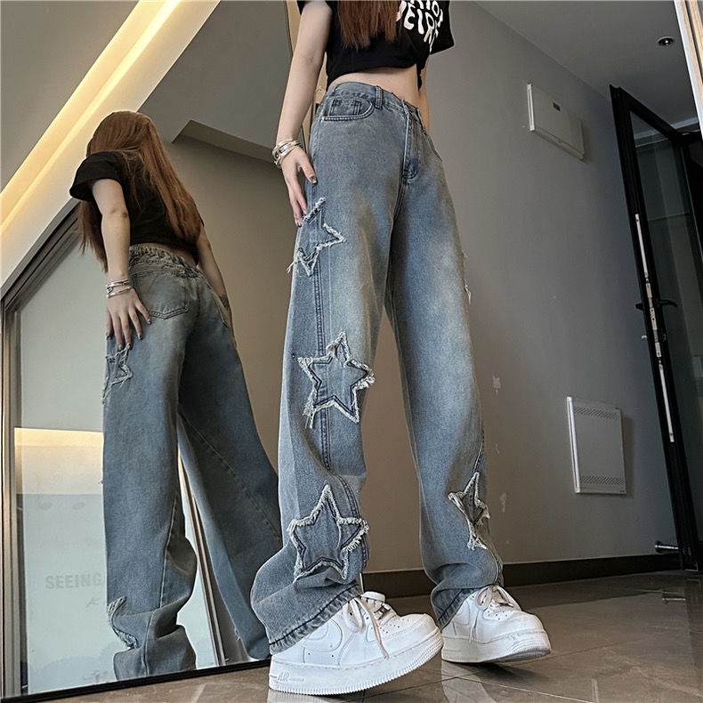 Quần Jean Nữ Cạp Cao Ống Rộng Họa Tiết Ngôi Sao Phong Cách Mới Dễ Phối Đồ EW8M