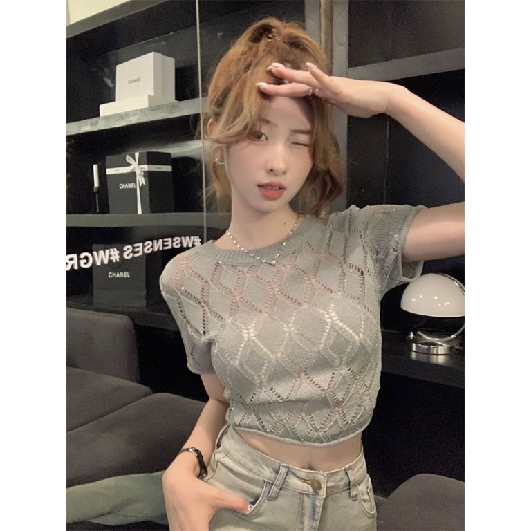 Áo Croptop Dệt Kim Tay Ngắn Hở Lưng Thời Trang Mùa Hè Hàn Quốc Cho Nữ