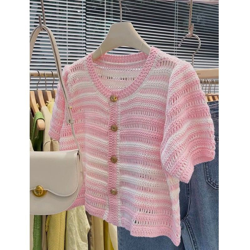 Áo Cardigan Dệt Kim Tay Ngắn Họa Tiết Kẻ Sọc Phong Cách Hàn Quốc Thời Trang Mùa Hè Xinh Xắn Cho