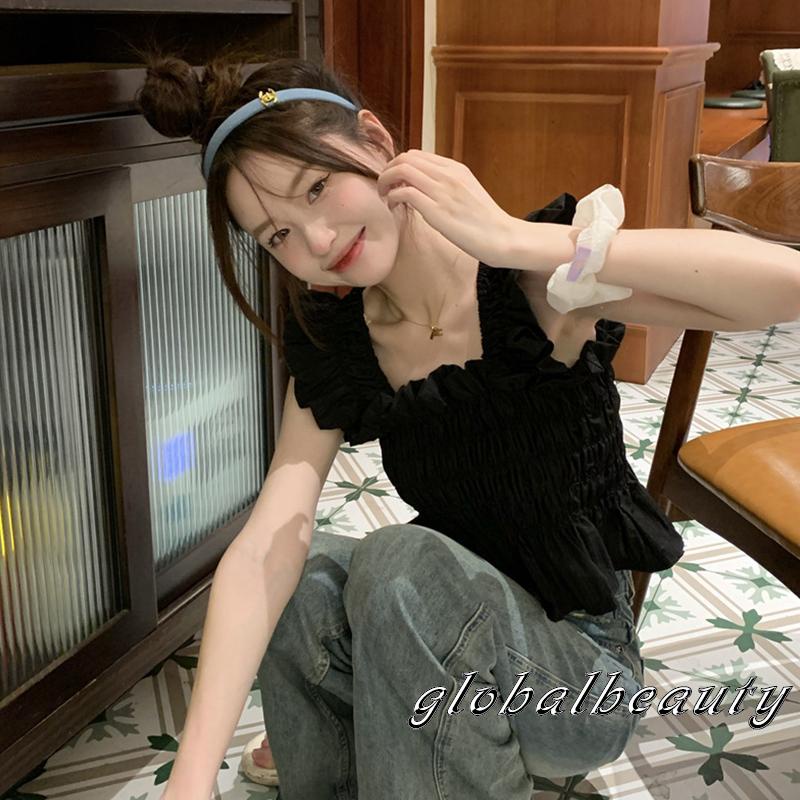 Áo Croptop Cổ Vuông Tay Bay Màu Sắc Trơn Thời Trang Mùa Hè Dành Cho Nữ