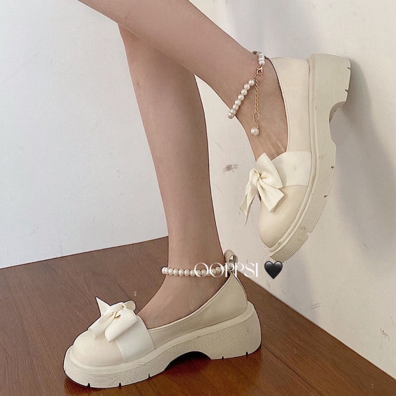 Giày Búp Bê Da Đế Dày Đính Nơ Ngọc Trai Phong Cách Lolita