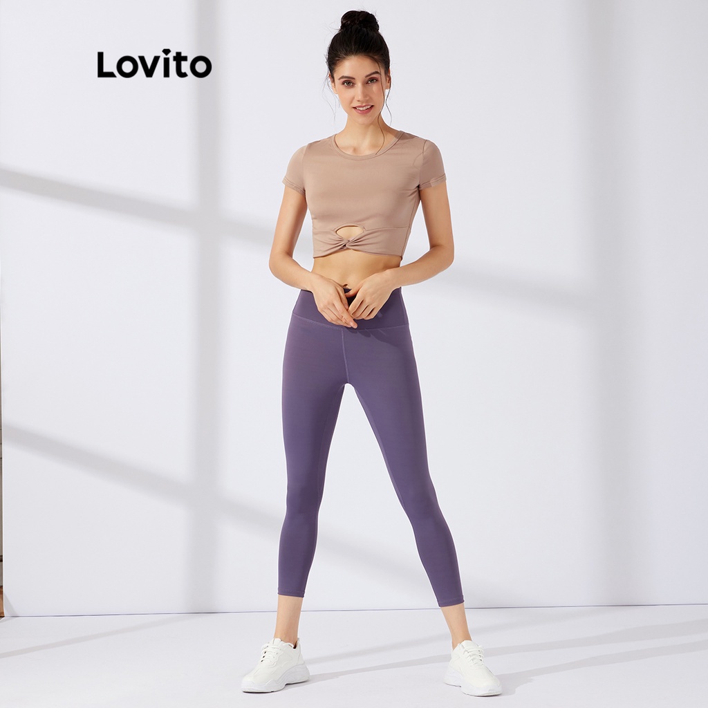 Áo thun thể thao Lovito màu trơn dạng ngắn xoắn vải cắt xẻ L23AD015 (màu hồng)