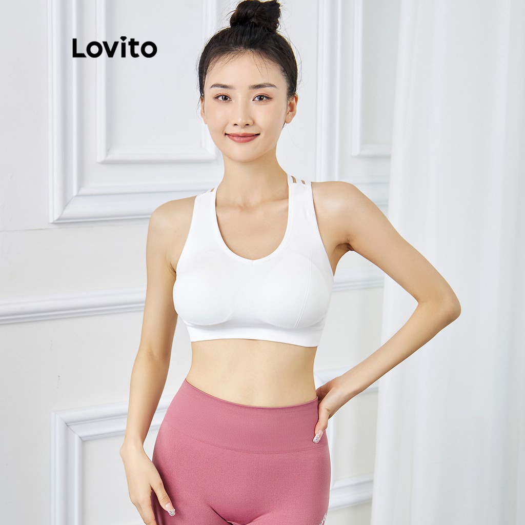 Áo ngực thể thao Lovito dây đan chéo phía sau liền mảnh màu trơn hỗ trợ trung bình tập yoga cho nữ L15X187 (Đen/ Trắng)