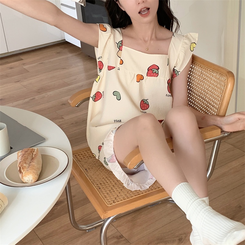 Đồ ngủ Phối Ren Họa Tiết Dâu Tây Đơn Giản Phong Cách Hàn Quốc Thời Trang Mùa Hè Hàng Mới Dành Cho Bạn Nữ