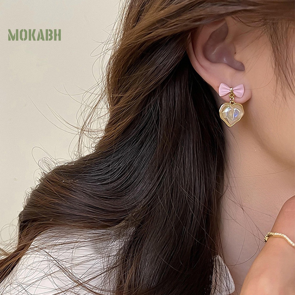 1 Đôi Bông Tai Hình Trái Tim Nơ Đính Ngọc Trai Nhân Tạo Lấp Lánh Sang Trọng