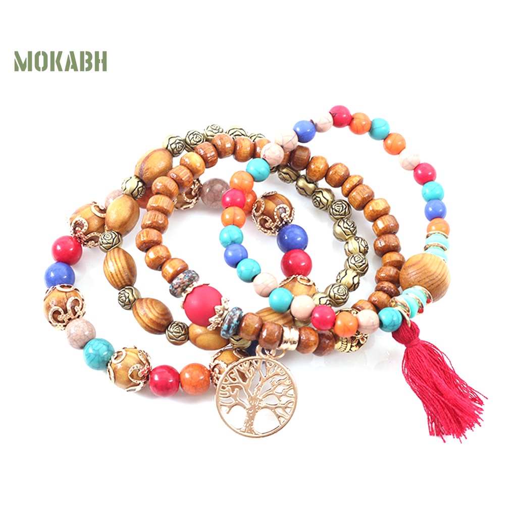 Bộ 4 Vòng Tay Chuỗi Hạt Gỗ Tua Rua Thời Trang Cho Nam Và Nữ