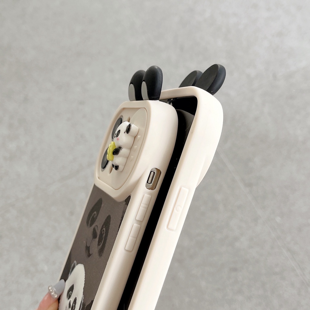 Ốp Điện Thoại TPU Silicon Mềm Chống Sốc Có Nắp Trượt Bảo Vệ Camera In Hình Gấu Trúc 3D Cho iPhone 13 12 11 Pro Max 14 Plus