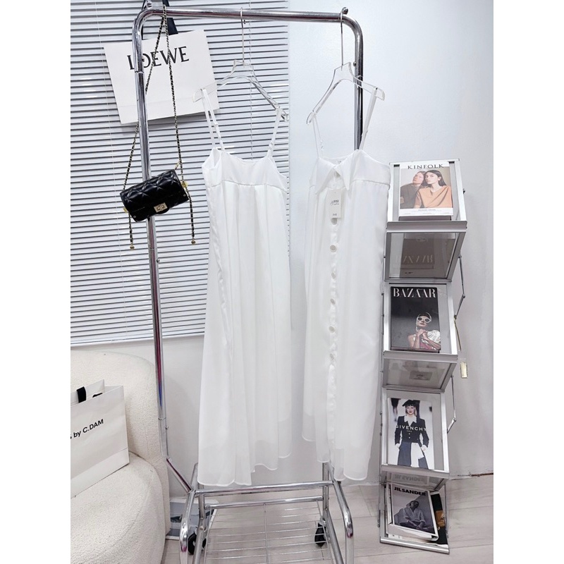 Váy trắng 2s cúc thiết kế xẻ tà, hàng may 2 lớp sịn sò