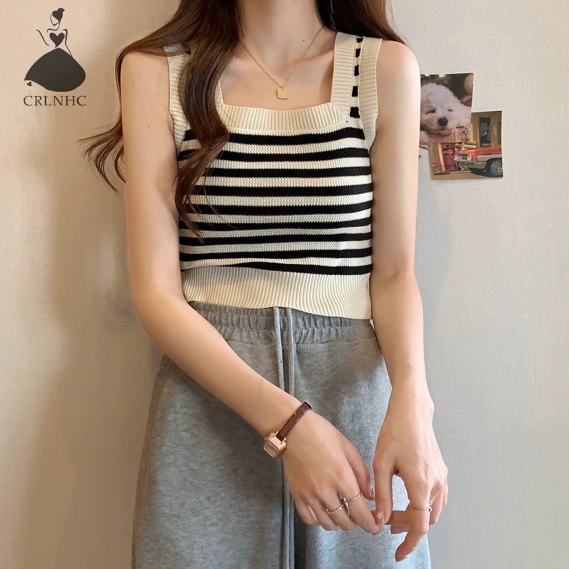 Áo Hai Dây Dệt Kim Kẻ Sọc Dáng Ôm Thời Trang Mùa Hè Vintage Cho Nữ