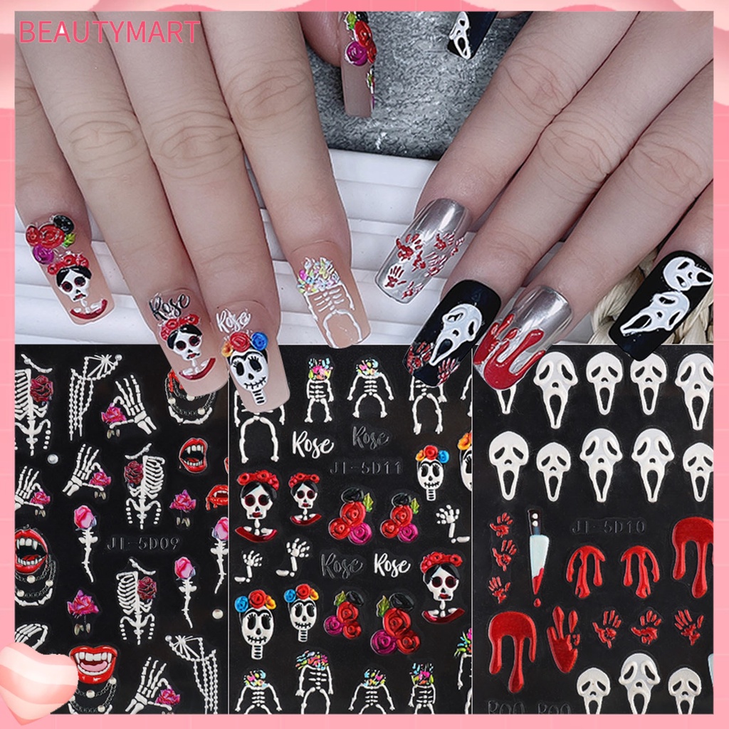 [beautymart] Nhãn Dán Móng Tay Bằng Resin Tự Dính Không Phai Màu Chống Nước Họa Tiết Kinh Dị Đầu Lâu