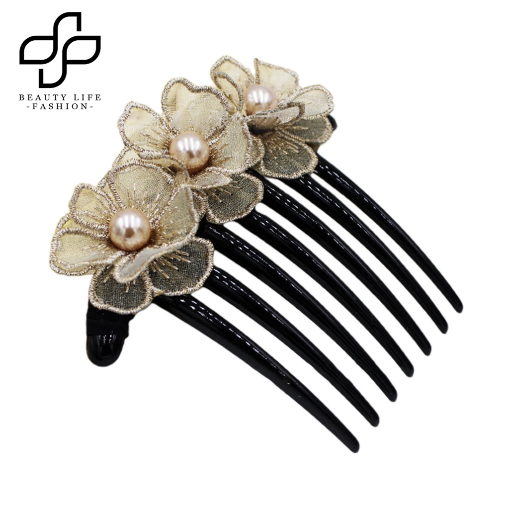 Lược Cài Tóc Mật Độ Chống Trượt Thêu Hoa Đính Ngọc Trai Giả Dễ Thương